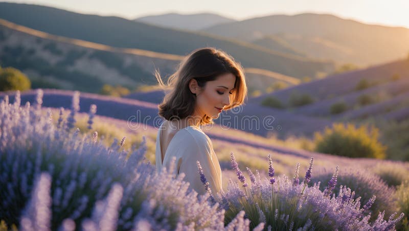 Serene Woman i Lavender Field vid Sunset royaltyfri illustrationer
