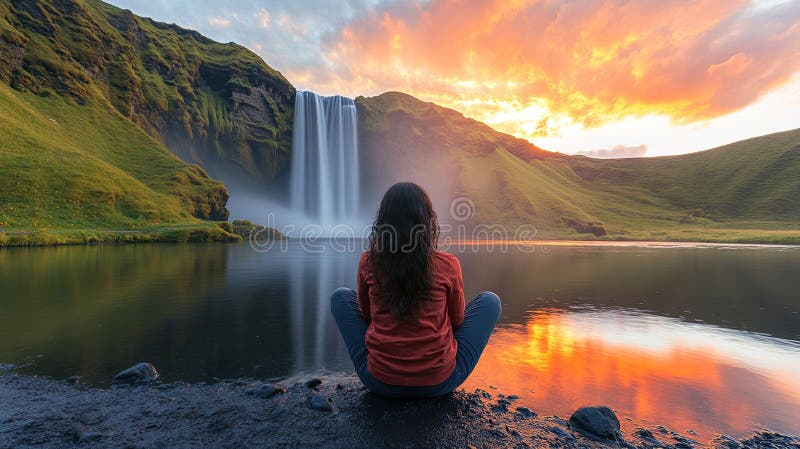 Serene woman meditates by a powerful waterfall at sunset royalty free illustration