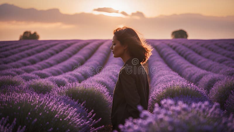 Serene Woman Silhouetted in a Lavender Field at Sunset stock illustrationer