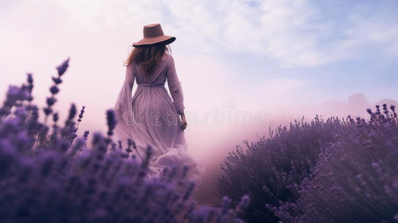 Serene Woman som rullar genom lavender Field vid solnedgång royaltyfri illustrationer