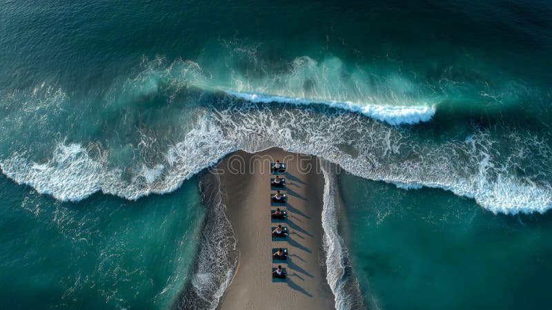 Serene yoga pratica l'alba su una tranquilla spiaggia fotografia stock libera da diritti