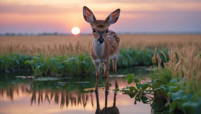 Young White-tailed Deer in Sunset Meadow Reflection vector illustration