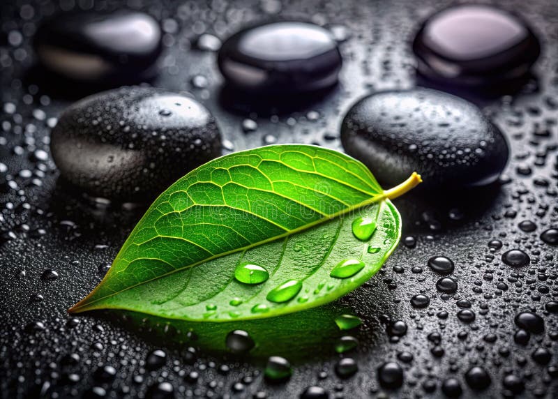 Serene Zen Garden CloseΜακρογραφία Φωτογραφία ενός ζωντανού πράσινου φύλλου Wet Black Stones και σταγονίδια νερού ελεύθερη απεικόνιση δικαιώματος