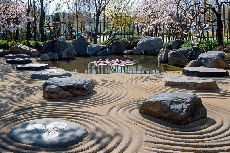 Serene Zen Garden Tranquil Pond Stepping Kamienie Piaskowe Wzory Krążenia Blossoming Cherry ilustracja wektor