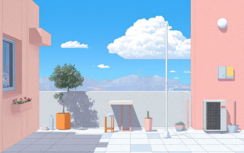 Serene на крыше Patio с пастельными домами и видом на горы иллюстрация вектора