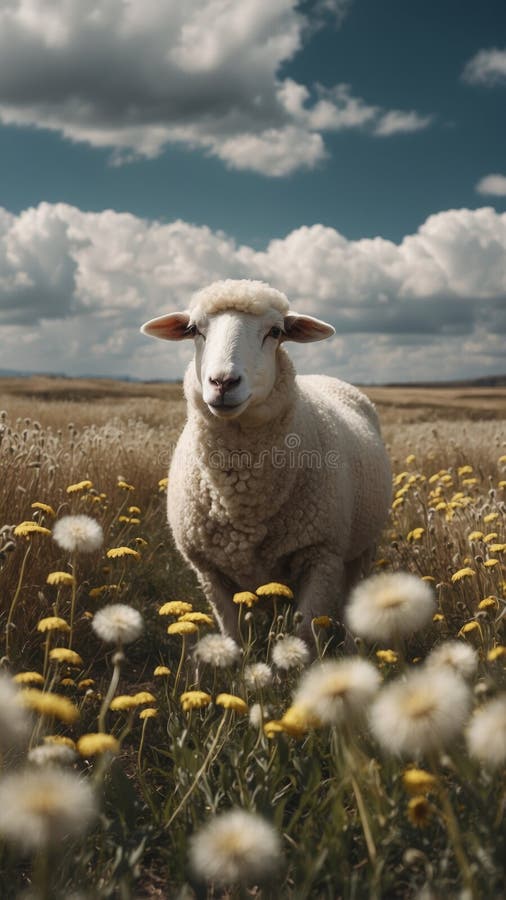 Serenfår omgivna av blomande dandelioner under ett pikturesskt molnigt skum. vektor illustrationer