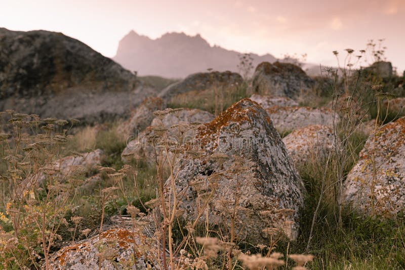 Serenity Mountain Landscape with Big Stones on Meadow on Sunset in