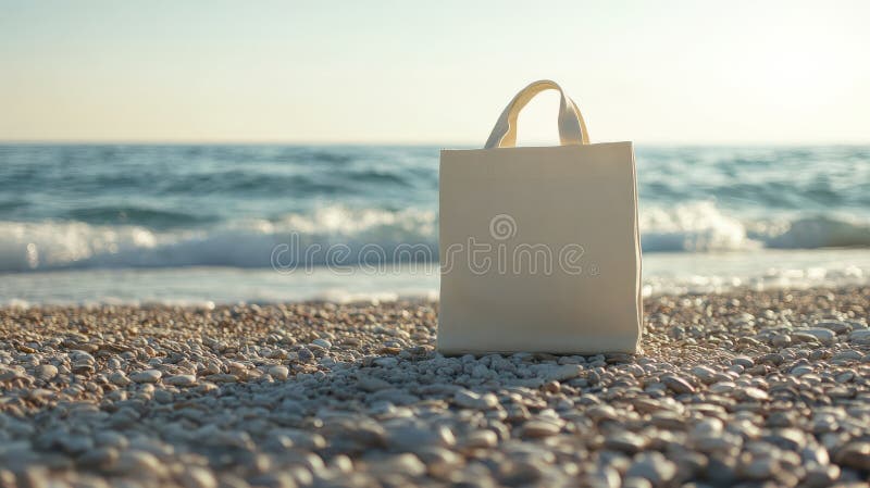 Serenity na plaży z ekologiczną torebką na wschód słońca idealnie nadaje się do letnich promocji. Ekologiczna torba na tkaninie obrazy stock