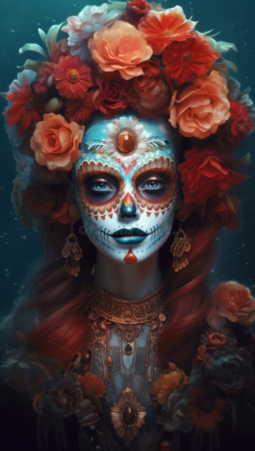 Serenity in Scarlet: the Day of the Dead Girl in Dark Teal and Bronze ...