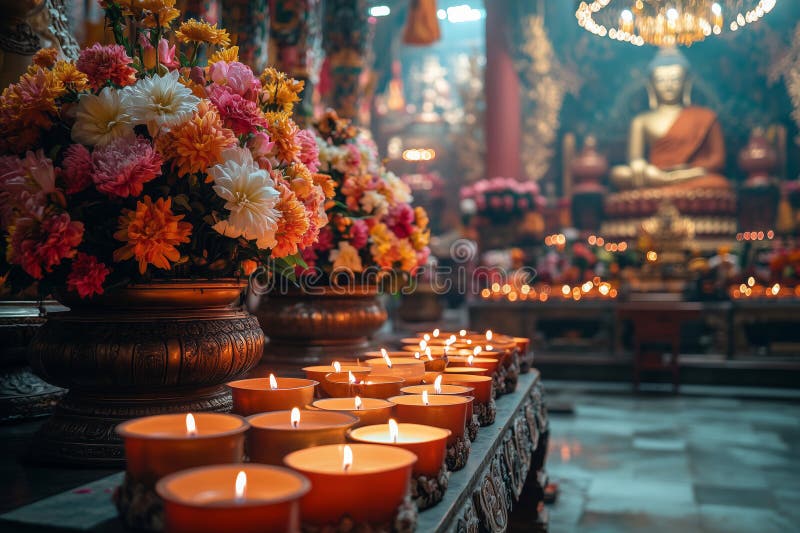 Serenità all'interno di un tempio abbellito di fiori vibranti fotografia stock libera da diritti