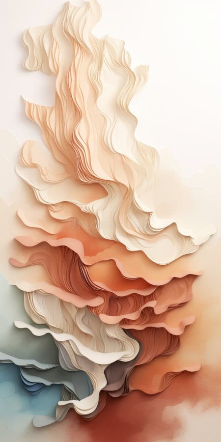 abstract paper art illustration rendered in a 3d watercolor effect on a white background. this stock illustration showcases a unique style with light orange and dark beige tones, reminiscent of the works of cyril rolando. the artwork features futuristic chromatic waves and rococo pastel colors, creating nature-inspired abstractions. the detailed and layered compositions are enhanced by gradient, AI generated. abstract paper art illustration rendered in a 3d watercolor effect on a white background. this stock illustration showcases a unique style with light orange and dark beige tones, reminiscent of the works of cyril rolando. the artwork features futuristic chromatic waves and rococo pastel colors, creating nature-inspired abstractions. the detailed and layered compositions are enhanced by gradient, AI generated