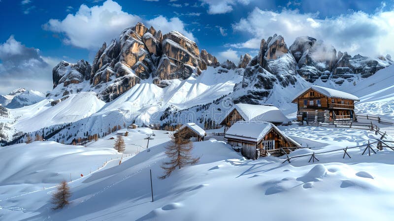 Idyllic winter scene with cozy chalets nestled in snow. Calming retreat visuals ideal for vacation marketing. AI. Idyllic winter scene with cozy chalets nestled in snow. Calming retreat visuals ideal for vacation marketing. AI