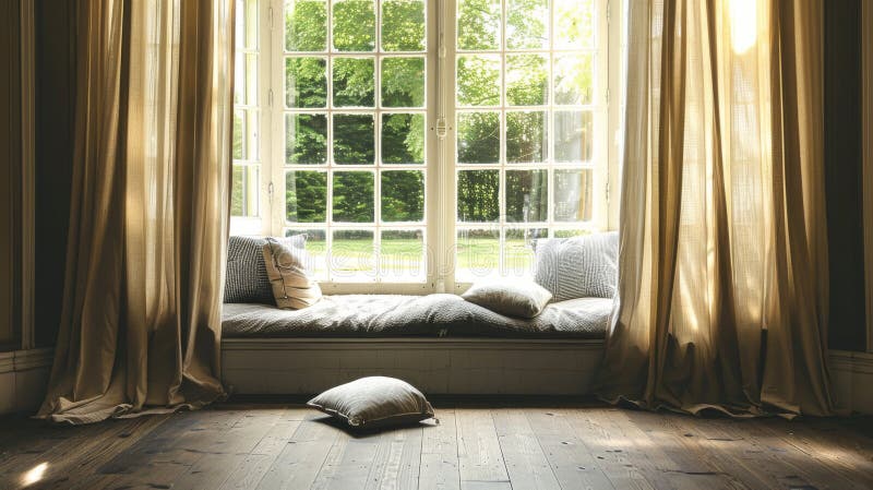 Serene Window Seat with Sunlight in Vintage Room. AI generated. Serene Window Seat with Sunlight in Vintage Room. AI generated