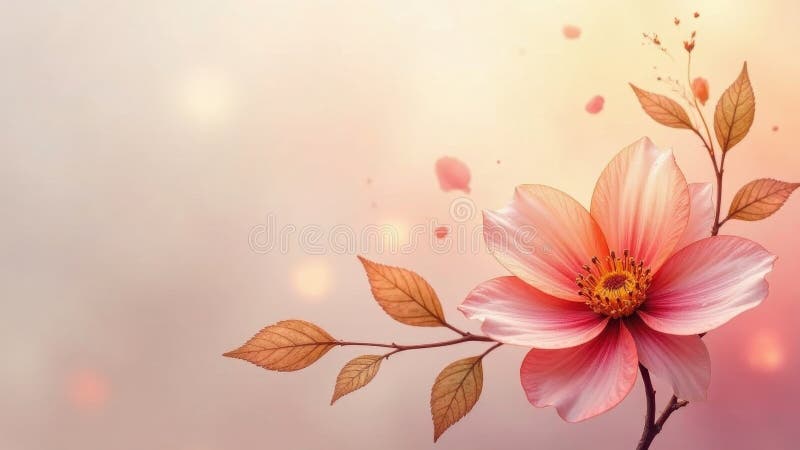 Serenrosa Blüte mit zarten Herbstblättern vor einem weichen, leuchtenden Hintergrund. Generative AI lizenzfreie abbildung