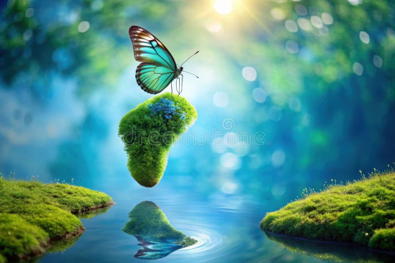 Serenschmetterling auf einer schwimmenden Moosinsel in traumhafter Natur. Generative AI vektor abbildung