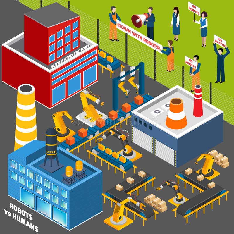 Seres humanos contra industria de la automatización ilustración del vector Seres humanos contra industria de la automatización ilustración del vector