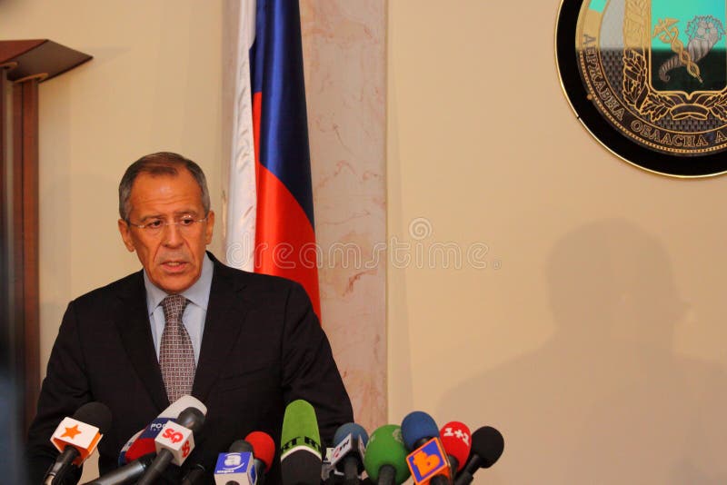 KHARKIV, UKRAINE - OCTOBER 6: Meeting of heads of foreign affairs ministries of Ukraine and Russian Federation - Volodymyr Khandogiy and Sergei Lavrov in Kharkiv. October 6, 2009 in Kharkiv, Ukraine.Sergei Lavrov