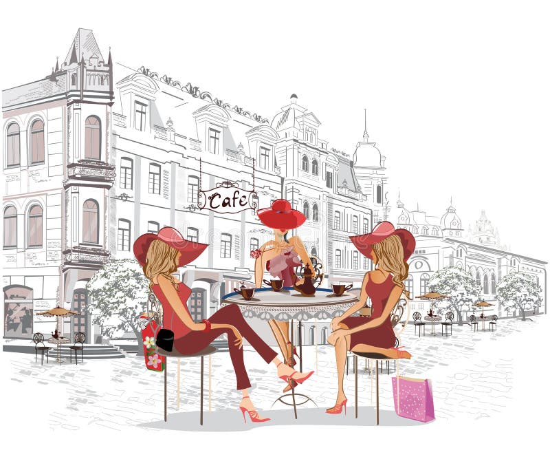 Serie av gatakaféerna med modeflickor i den gamla staden royaltyfri illustrationer