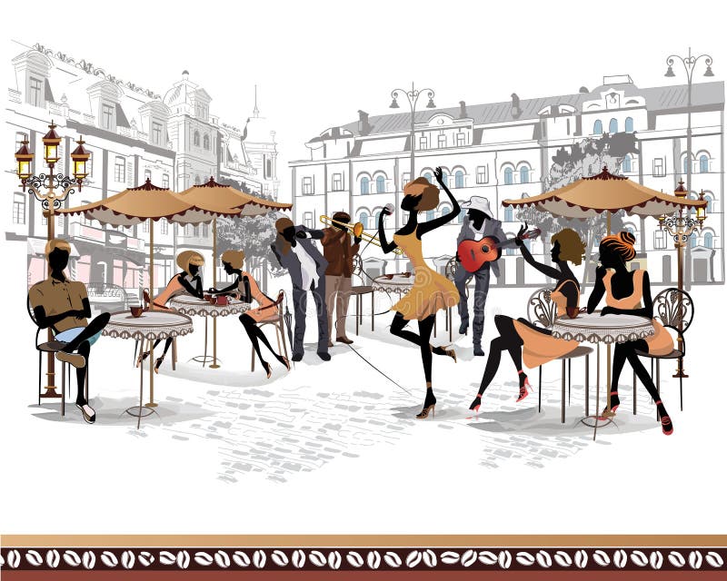Serie av gatasikter i den gamla staden med musiker stock illustrationer Serie av gatasikter i den gamla staden med musiker stock illustrationer