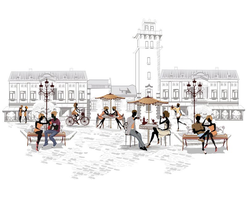 Serie av gatorna med folk i den gamla staden, gatakafé stock illustrationer