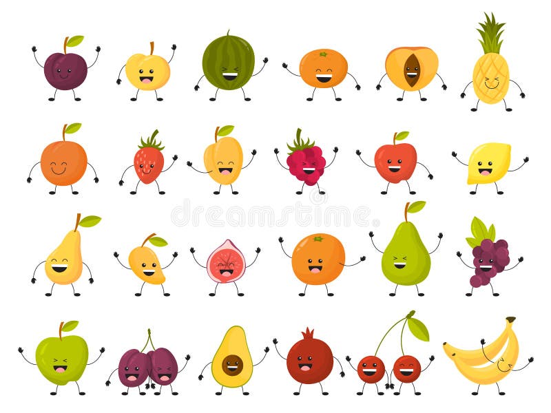 Serie di caratteri della frutta Raccolta di alimento divertente con il fronte royalty illustrazione gratis Serie di caratteri della frutta Raccolta di alimento divertente con il fronte royalty illustrazione gratis