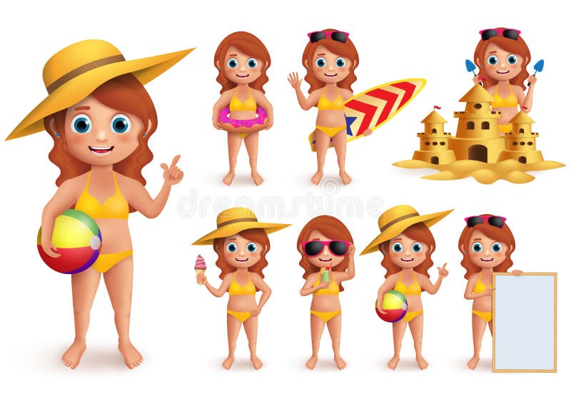 Serie di caratteri di vettore dei bambini di estate della ragazza Bikini d'uso della ragazza che fa le attività della spiaggia di illustrazione vettoriale Serie di caratteri di vettore dei bambini di estate della ragazza Bikini d'uso della ragazza che fa le attività della spiaggia di illustrazione vettoriale