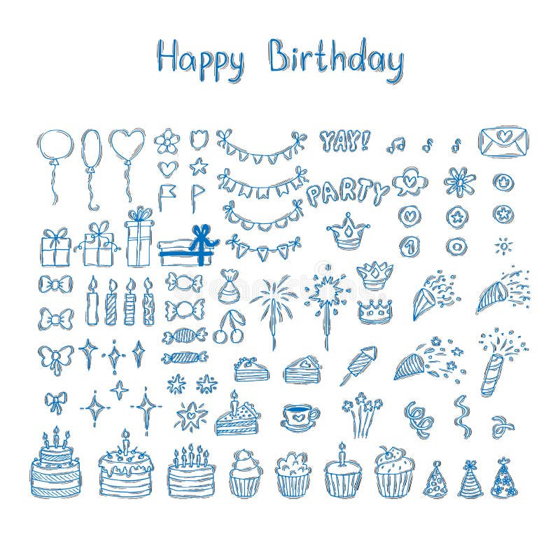 Serie di elementi di progettazione per le feste di compleanno disegnate a mano. buon compleanno. palloncini torte cupcakes regali illustrazione di stock
