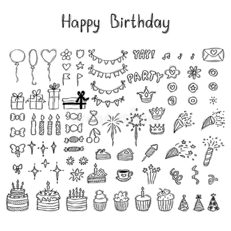 Serie di elementi di progettazione per le feste di compleanno disegnate a mano. buon compleanno. palloncini torte torte regali can illustrazione vettoriale
