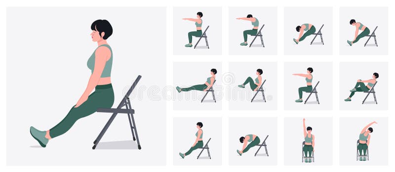 Serie di esercitazioni di allungamento della sedia. donna che fa esercizi di fitness e yoga con la sedia.