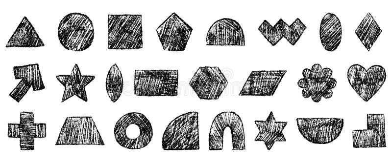 Serie di forme geometriche bambini disegnate a matita nera e a carbone. Figure di crauti disegnate a mano. Cerchio illustrazione di stock