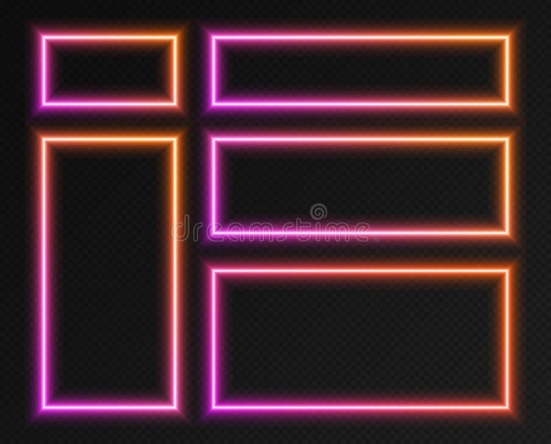Serie di fotogrammi rettangolari con gradiente di neon set di bordi di colore arancione luminoso. striscioni illuminati e colorati illustrazione vettoriale
