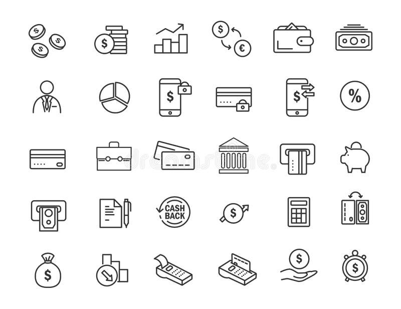 Serie di icone bancarie lineari Finalizza le icone in un design semplice Illustrazione vettoriale