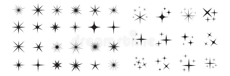Serie di icone di brillamento icone di ripulitura delle icone delle stelle. icone delle stelle. stelle brillanti. spruzzatore. sim
