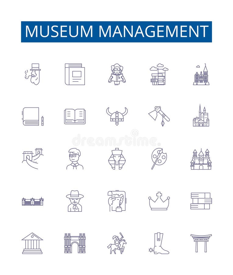 Museum management line icons signs set. Design collection of Curating, Exhibiting, Preserving, Fundraising, Financing, Acquisitions, Donations, Cataloguing outline vector concept illustrations. Museum management line icons signs set. Design collection of Curating, Exhibiting, Preserving, Fundraising, Financing, Acquisitions, Donations, Cataloguing outline vector concept illustrations