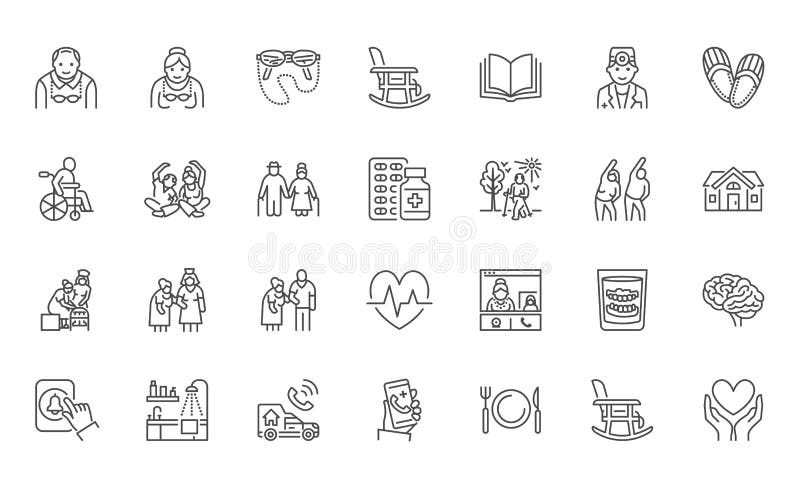 Senior people flat line icons set. Old man and woman exercising, active grandparents, wheelchair, alzheimer nursing home doctor vector illustrations. Outline signs for elder citizens infographic. Senior people flat line icons set. Old man and woman exercising, active grandparents, wheelchair, alzheimer nursing home doctor vector illustrations. Outline signs for elder citizens infographic.