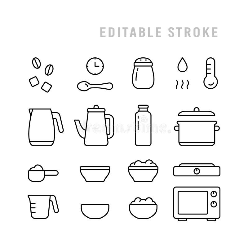 Porridge packaging icons set. Basic pictograms for instant dry food. Brewing cereals, cooking on stove or microwave. Black linear editable stroke emblem. Contour isolated vector illustration on white. Porridge packaging icons set. Basic pictograms for instant dry food. Brewing cereals, cooking on stove or microwave. Black linear editable stroke emblem. Contour isolated vector illustration on white