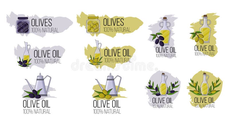 Serie di loghi di olio di oliva in stile cartone animato Illustrazione vettoriale per progettazione, web e decorazione illustrazione vettoriale Serie di loghi di olio di oliva in stile cartone animato Illustrazione vettoriale per progettazione, web e decorazione illustrazione vettoriale