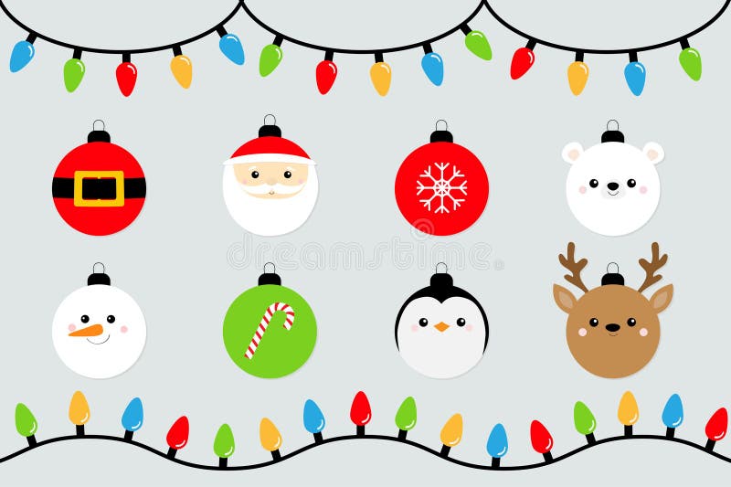 Serie di luci di natale. ghirlanda lampeggiante. set di palline di natale. fiocco di neve di un orsetto di santa claus royalty illustrazione gratis