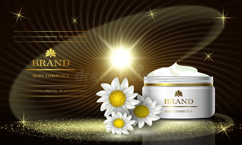 Serie di lusso di bellezza dei cosmetici, annunci della crema premio della camomilla del corpo per cura di pelle Modello per l'in illustrazione di stock Serie di lusso di bellezza dei cosmetici, annunci della crema premio della camomilla del corpo per cura di pelle Modello per l'in illustrazione di stock