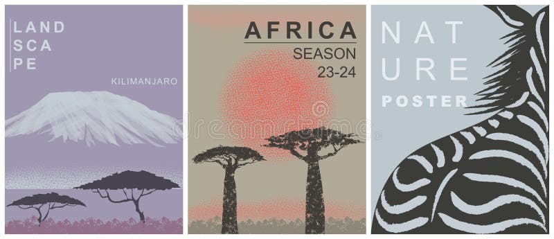 Serie di manifesti per la natura. kilimanjaro baobab zebra, attacco panoramico africano. sfondo testato astratto. immagine per sfo