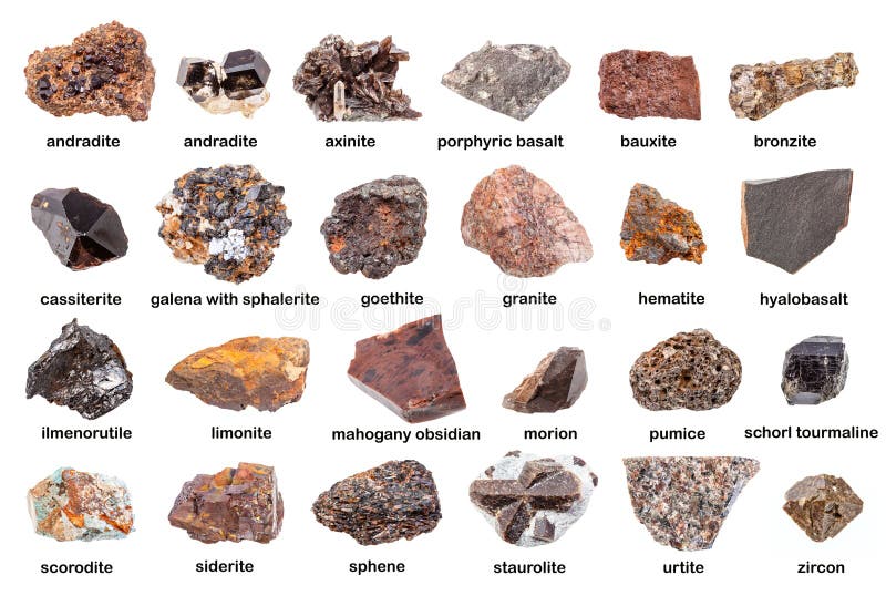 Serie di minerali marroni non lucidati con nome immagini stock