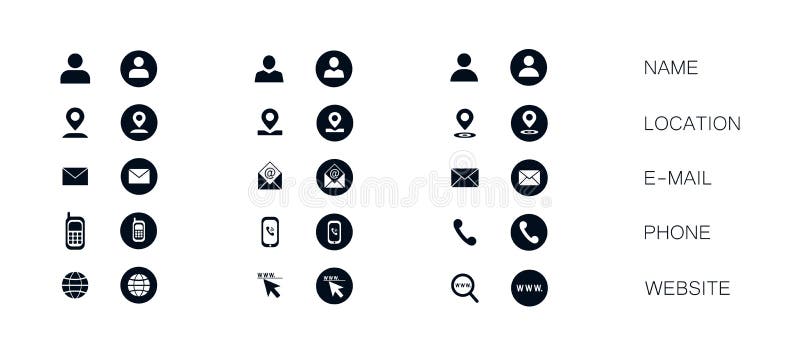 Serie di moderne icone vettoriali isolate su fondo bianco. simbolo del sito Web del numero di telefono dell'indirizzo email. graff illustrazione vettoriale