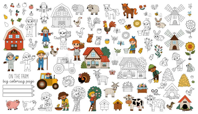 Big vector farm coloring pages set. Rural colored and black and white icons collection with funny kid farmers, barn, country house, animals, birds, tractor. Cute line village or garden illustrations. Big vector farm coloring pages set. Rural colored and black and white icons collection with funny kid farmers, barn, country house, animals, birds, tractor. Cute line village or garden illustrations