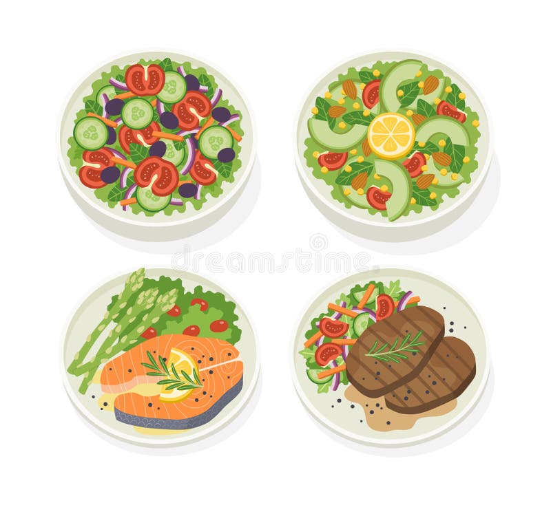 Serie di piatti di prodotti alimentari con insalata di ortaggi freschi di bistecca di salmone. illustrazione di stock