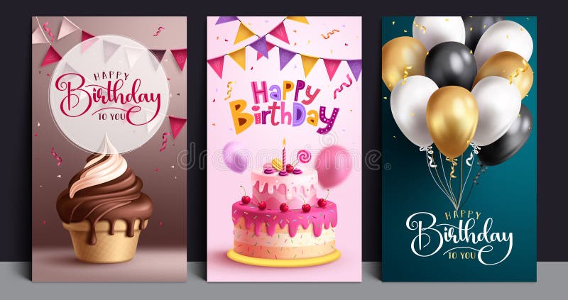 Serie di poster vettoriali di compleanno. cartolina di auguri e auguri con palloncini per dolci gelato royalty illustrazione gratis