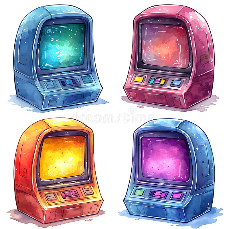 Set di quattro macchine da gioco arcade retrò illustrate ad acquerello con schermi colorati illustrazione vettoriale