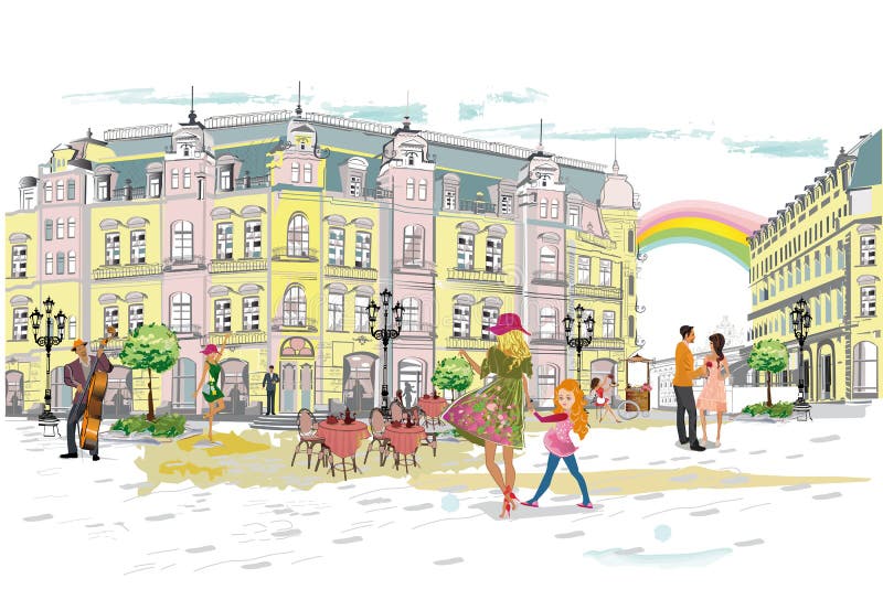 Serie di retro viste variopinte della via con la gente di modo nella vecchia citt? royalty illustrazione gratis