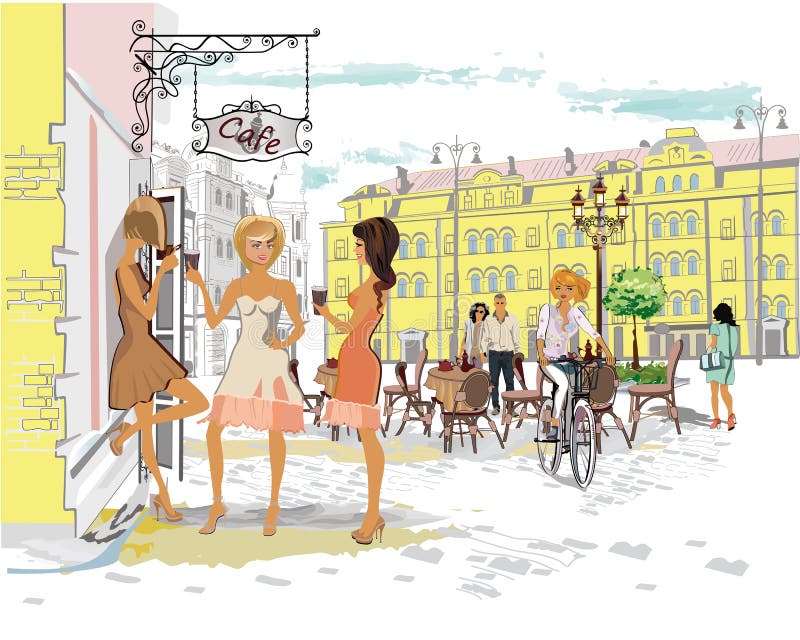Serie di retro viste variopinte della via con la gente di modo nella vecchia citt? illustrazione vettoriale