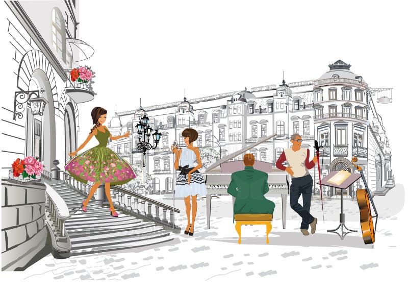 Serie di retro viste variopinte della via con la gente di modo nella vecchia citt? illustrazione di stock