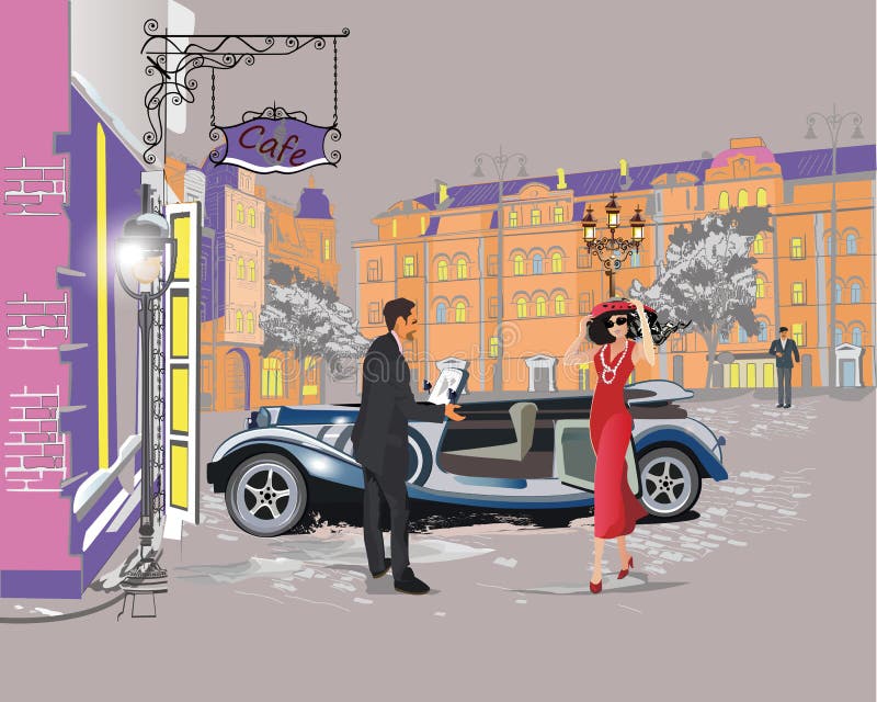 Serie di retro viste variopinte della via con la gente di modo nella vecchia città illustrazione vettoriale